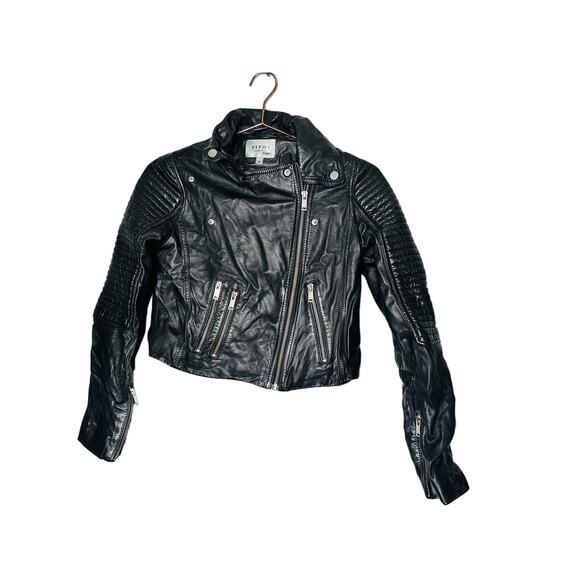 SAMANTHA SIPOS Black Ribbed 100% Leather Biker Cropped Jacket Size Extra Small - Picture 1 of 11
